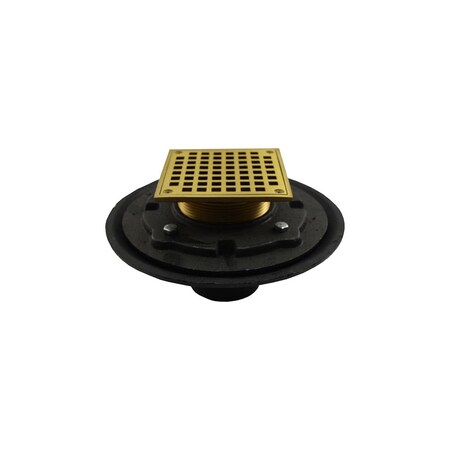4 In. Heavy Duty No Hub Floor Drain/Shower Drain W/ 10 In. Pan And 5 In. Polished Brass Square Strai